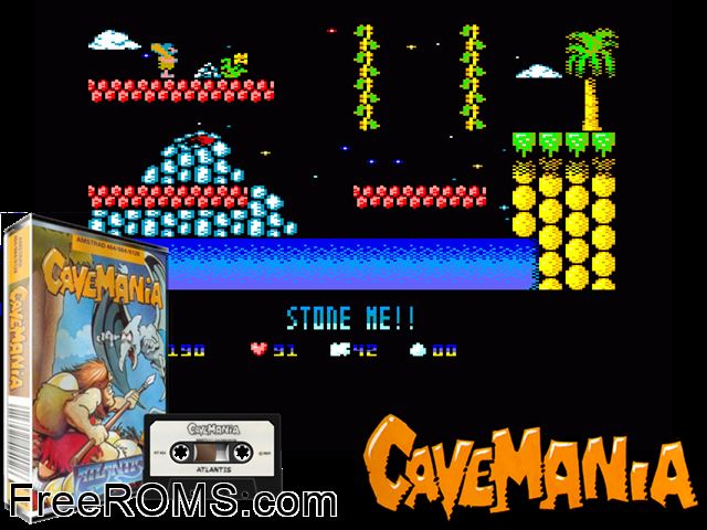 Cavemania (UK) (1991) [t1] Amstrad CPC game showing 3D box cover and gameplay screenshot